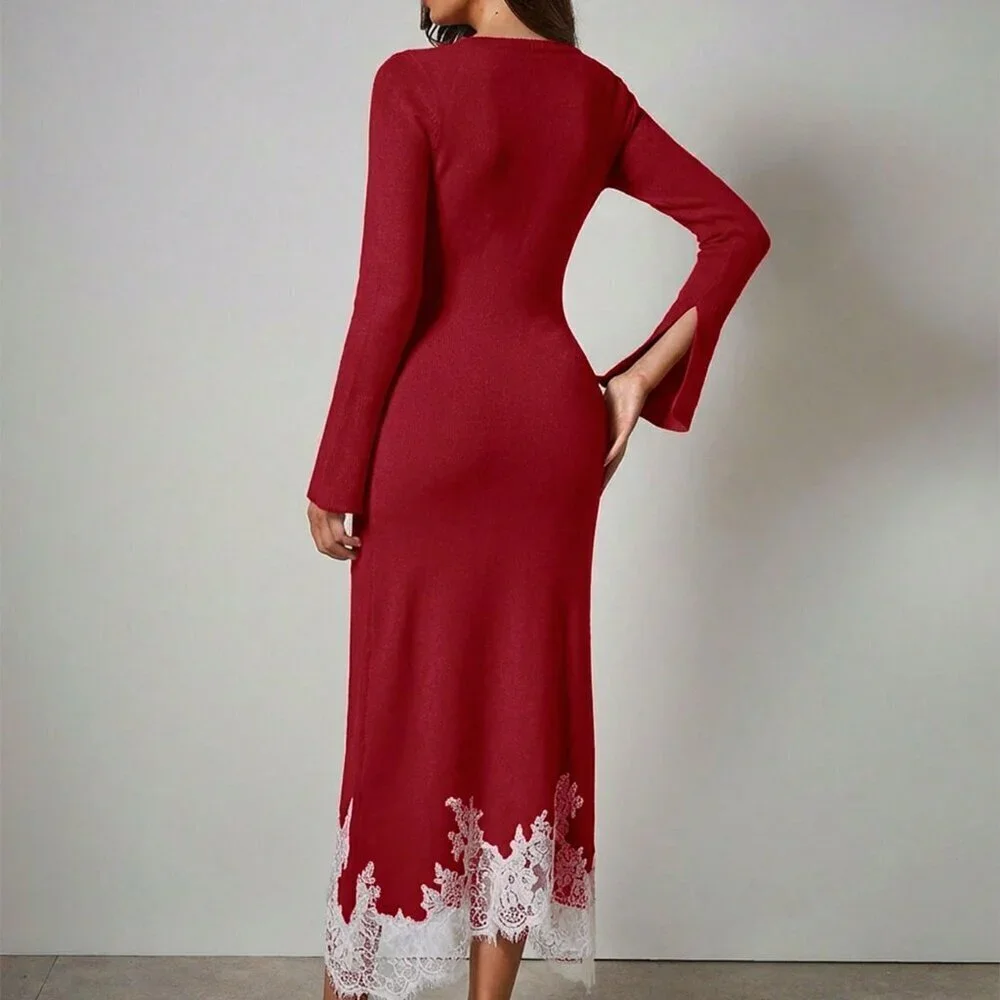Burgundy Elegant Women's Asymmetrical Flare Sleeve lace detailed Sweater Dress
